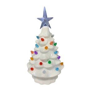 Nostalgia White Christmas Tree 8in Ceramic Light Up Holiday Seasonal Winter Retr